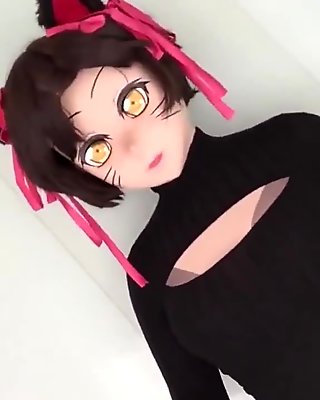 Berlekuk gadis anime topeng di kamera
